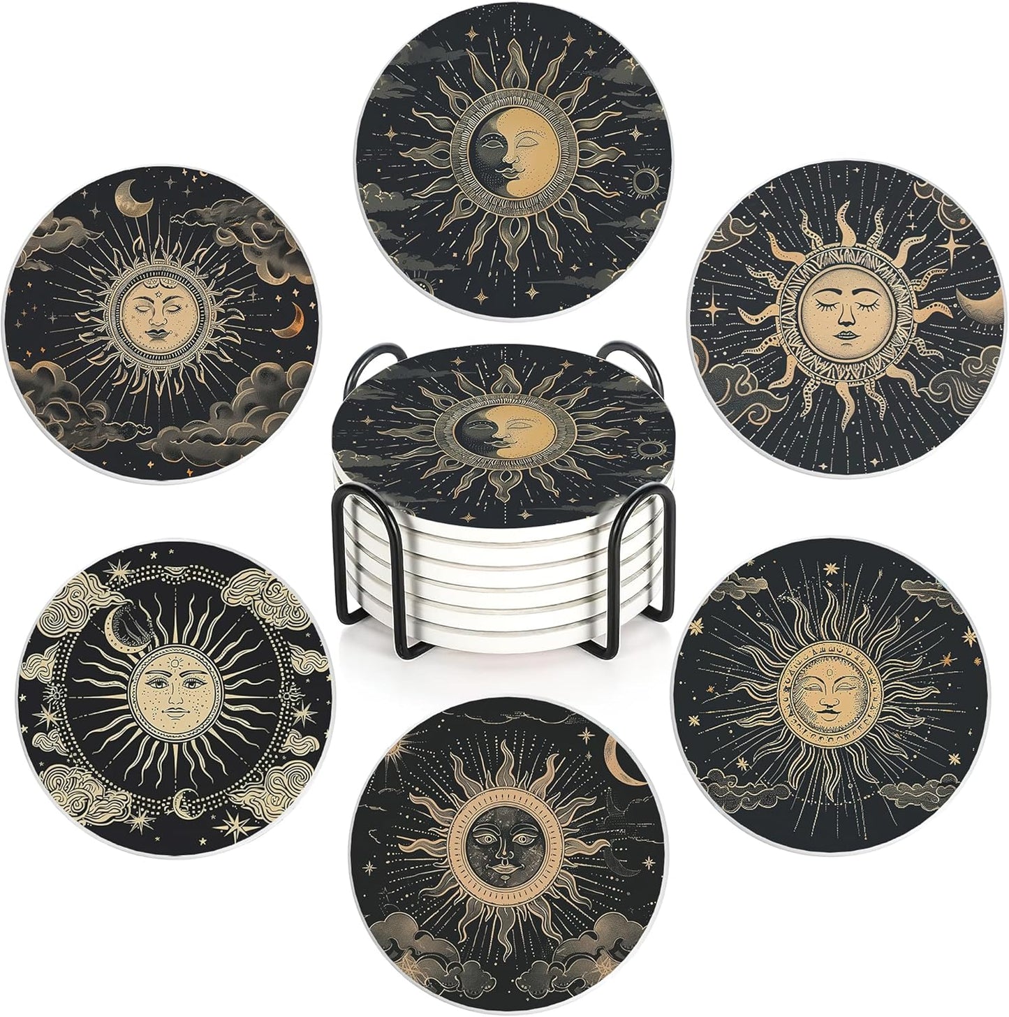 Drink Coasters Set of 6 with Holder, Gold Sun Moon Clouds Stars Absorbent Ceramic Coasters with Cork Base,Fit All Cups,Great Gift for Housewarming,Room Decor,Bar,Holiday Party