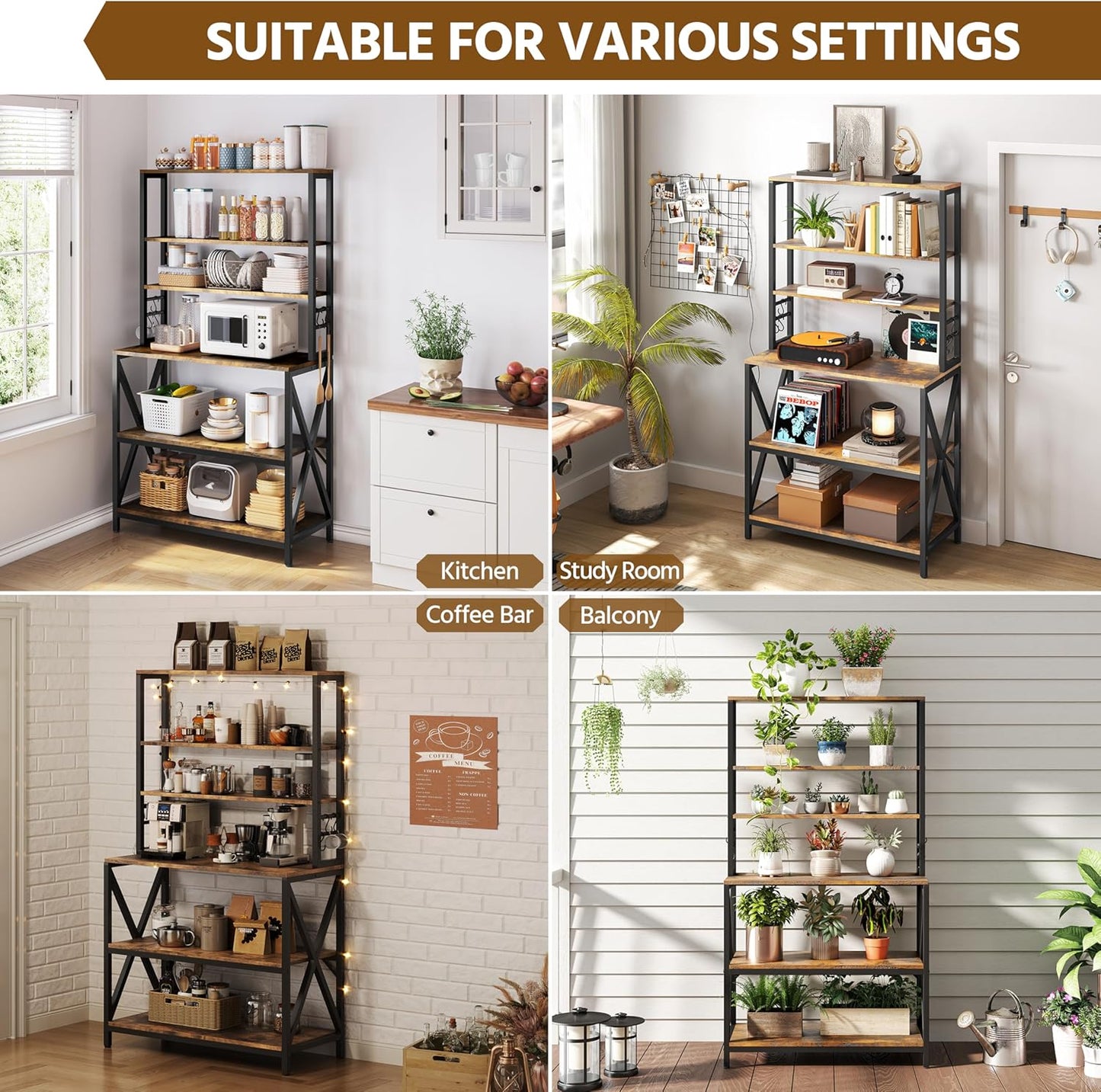 Yaheetech 6-Tier Kitchen Bakers Rack, 31.5 Inch Coffee Bar Table, Farmhouse Microwave Oven Stand Cabinet for Small Spaces, Corner Organizer Storage Shelf for Spices and Pots Rustic Brown