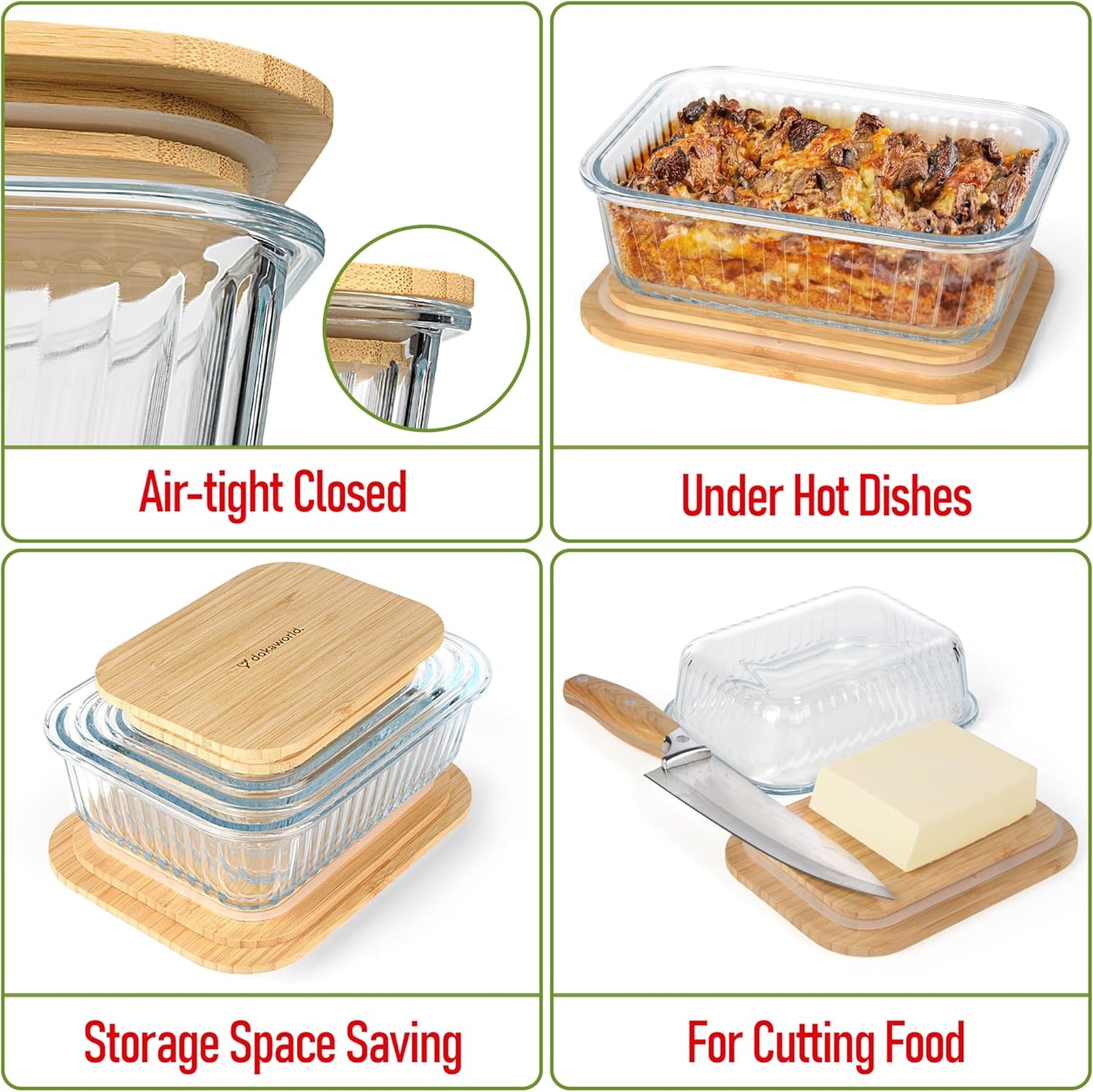 Ribbed Glass Tupperware Set with Bamboo Lids - 4 Stackable Meal Prep Containers. Durable heat resistant Inert Borosilicate Glass