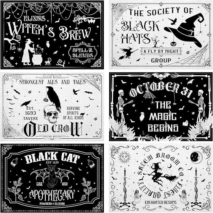 Umigy 6 Pcs Halloween Placemats 12"x18" Gothic Bat Placemats Kitchen Decoration Washable Witch Place Mats Rectangle Skull Table Mats for Halloween Dining Table Accessories(Black White Character Style)