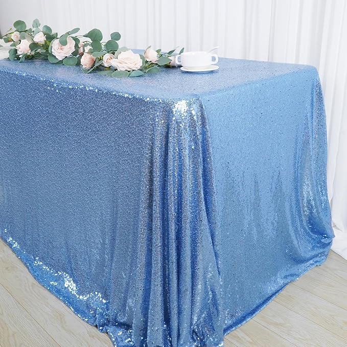 SquarePie Sequin Tablecloth 90 x 156 Inch Baby Blue Sparkly Table Linen for Wedding Party