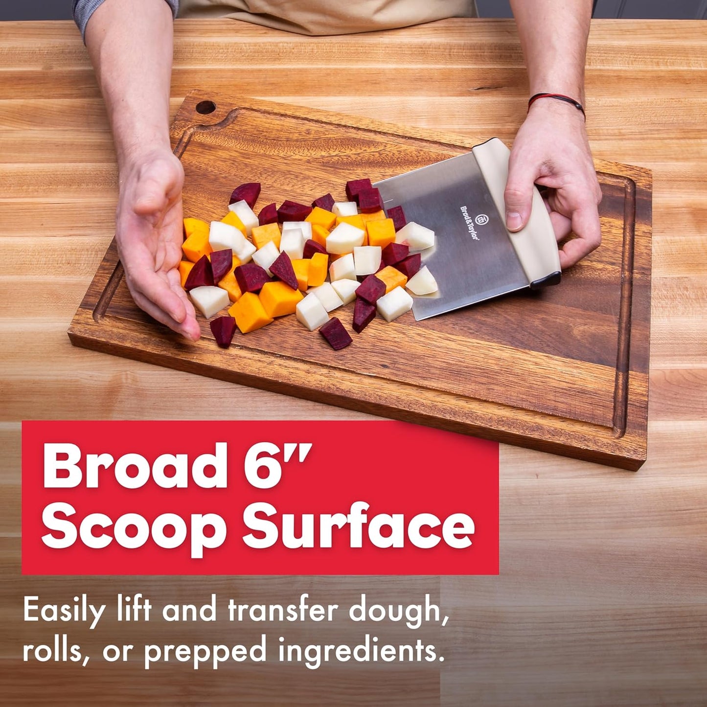 Brod & Taylor Bench Knife with 1" Markings and Non-Slip Rubber Handle, Dough Cutter for Home-Kitchen Baking (6" x 5.25" Surface), 100% Dishwasher Safe