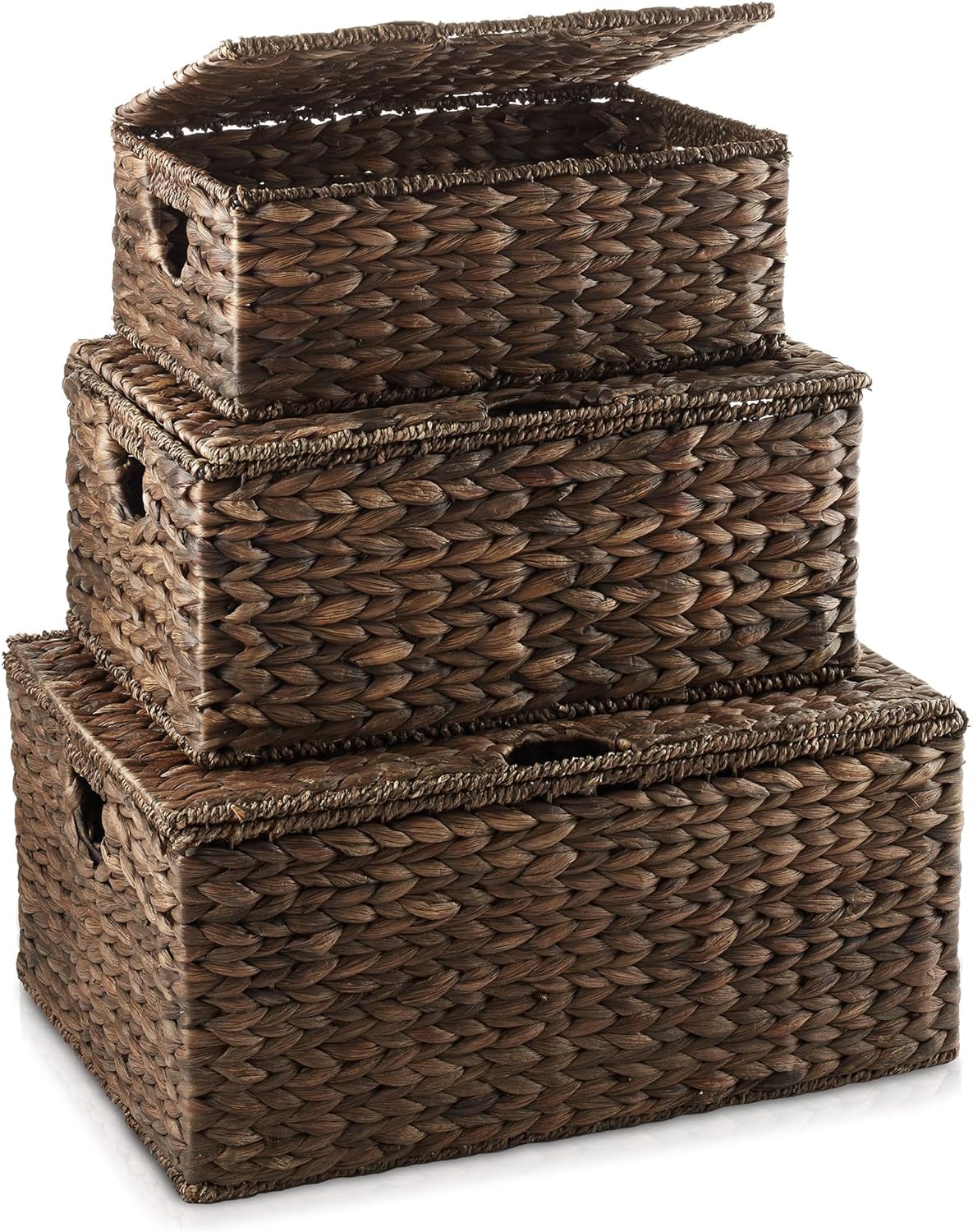 Casafield Set of 3 Water Hyacinth Rectangular Storage Baskets with Lids (Espresso - Small/Medium/Large) for Bedroom, Bathroom, Laundry, Home Office