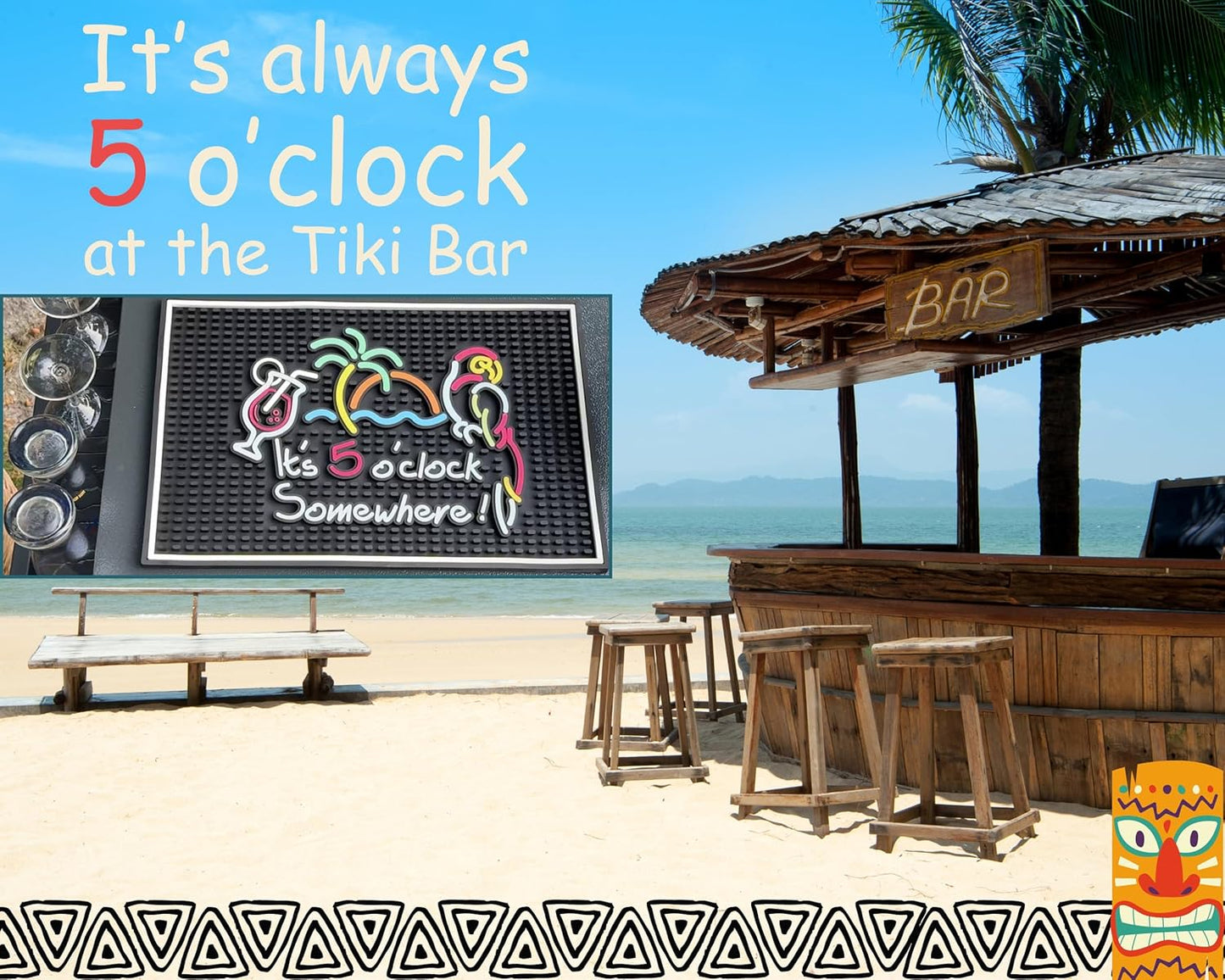 It's 5 O'Clock Somewhere Sign Rubber Bar Mats for Bartending 18x12 in, Bar Mats for Countertop Tiki Decor, Tiki and Outdoor Accessories, Aloha & Luau Party Decorations and Hawaiian Party Decorations