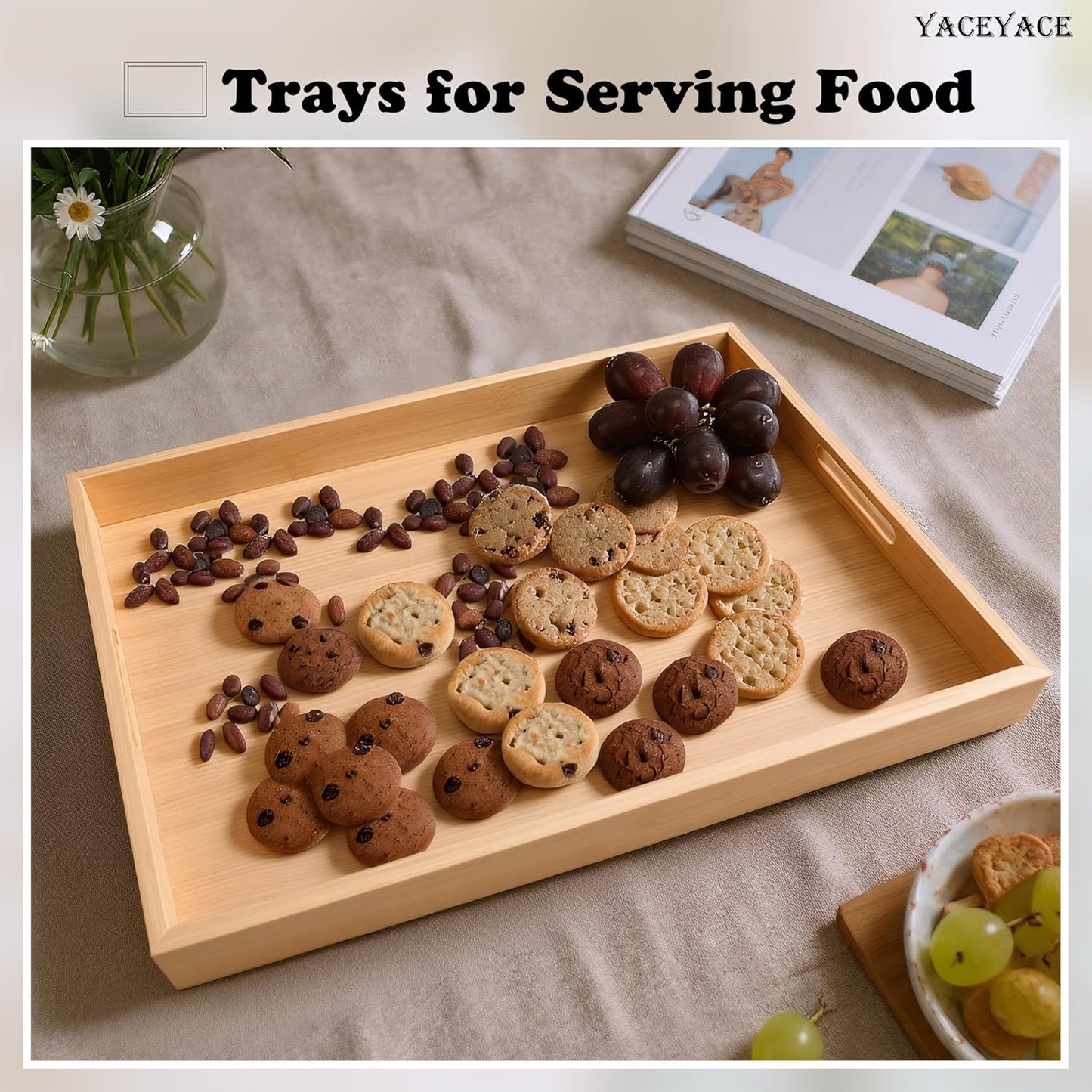 Serving Tray, 13"x8.7"x1.5" Small Bamboo Serving Trays for Party, Coffee Table, Ottoman, Breakfast, Dining, Home Decor, Bathroom, Bar