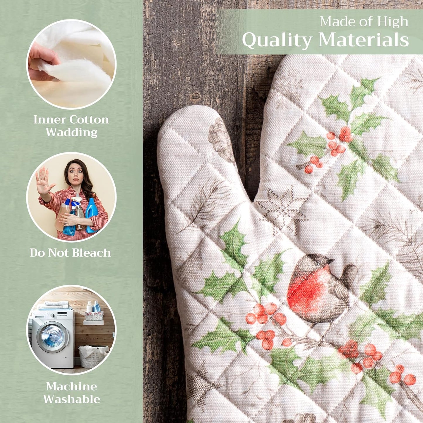 Maison d' Hermine Oven Gloves 100% Cotton Oven Mitt 7" x 13" with Loop Heat Resistant, BBQ, Cooking Gloves, Baking, Grilling, Kitchen, Handling Hot Pans (Pack of 1, Christmas Dew)