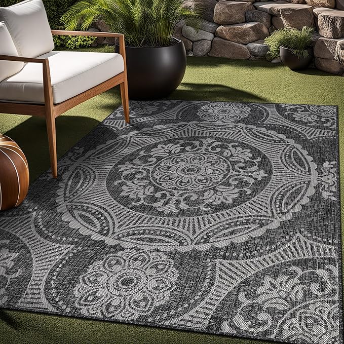 Medallion Outdoor Rug 10x14 Washable Outside Carpet for Indoor Patio Porch Waterproof Easy Cleaning Non Shedding Area Rugs Dark Gray 10 x 14