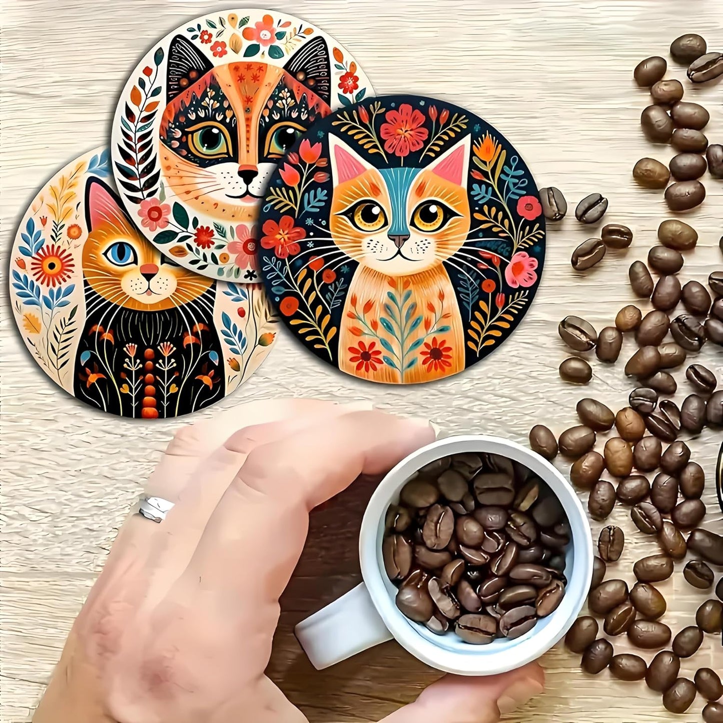 Wood Coasters Set of 6 - Handcrafted Drink Coaster Thick Heat-Resistant for Office, Bar, Farmhouse - Cute Cat Drink Cup Coasters for Table Protection