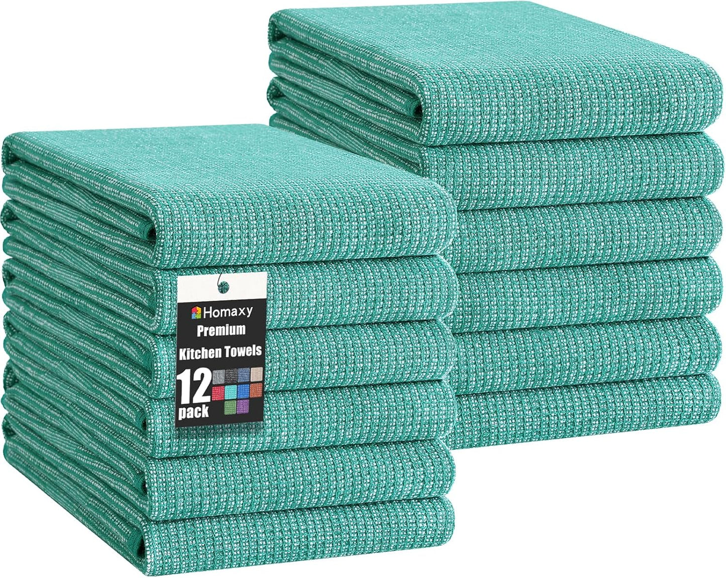 Homaxy Premium Kitchen Towels(18”x 28”, 12 Pack), Large Cotton Kitchen Hand Towels, Flat and Terry Dish Towels, 380 GSM Highly Absorbent Tea Towel Set with Hanging Loop, Teal