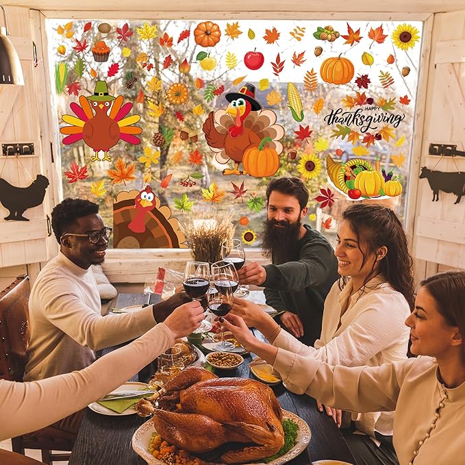 9 Sheets Thanksgiving Window Clings, 115PCS Thanksgiving Decorations Window Stickers, Turkey Decal Stickers with Cute Cones Nuts Maple Leaves Patterns for Fall Harvest Decorations Decor Accessories