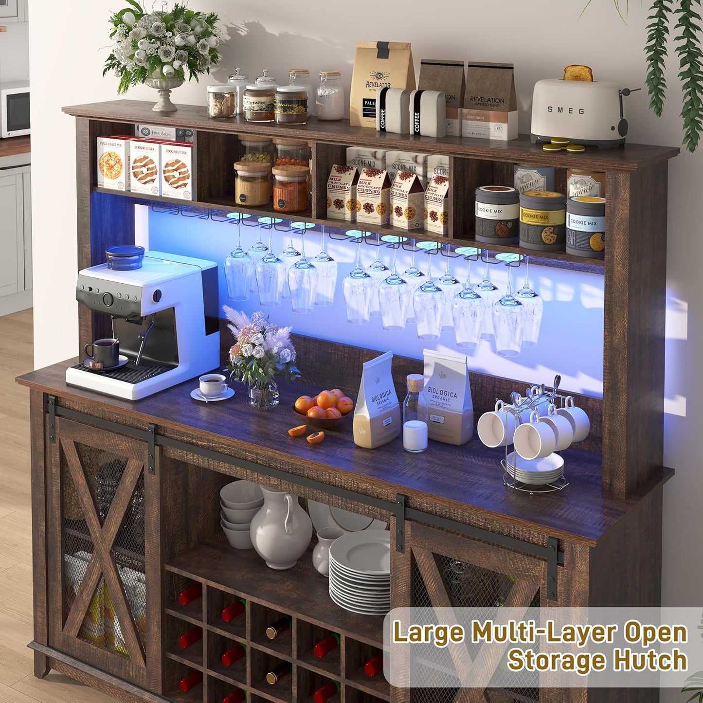 63"Wide 58"H Farmhouse Coffee Bar Cabinet with LED Light,Wine Bar Cabinet w/ 4 Storage Hutch,Kitchen Buffet Cabinet w/Sliding Barn Door & 15 Wine and Glass Racks for Kitchen Dining Room(Brown)