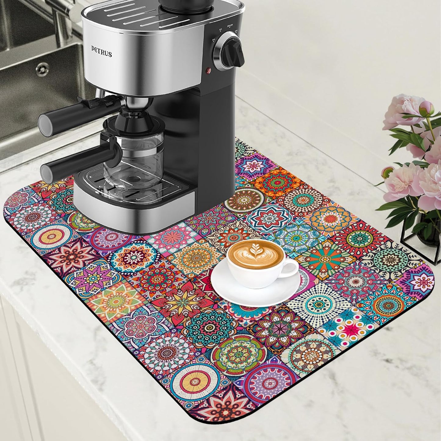 Vintage Mexican Ethnic Mandala Dish Drying Mat for Kitchen Counter Bar Mat Hide Stain Absorbent Rubber Backed Coffee Maker Espresso Machine Accessories 11.8 x 19.7 Inch