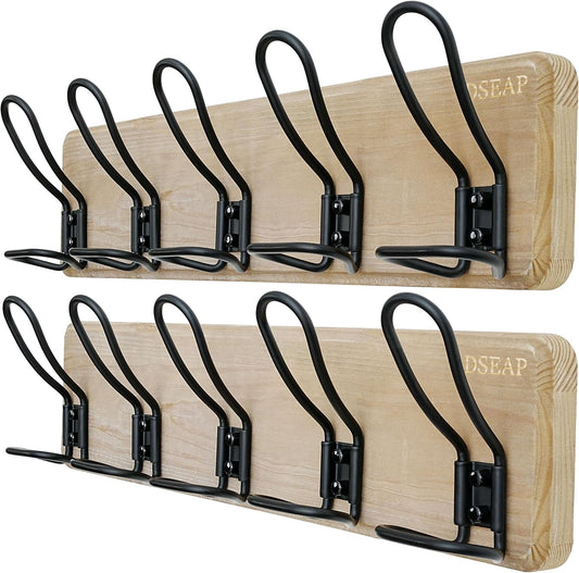 Dseap Coat Rack Wall Mounted - Heavy Duty Farmhouse Rustic Wall Coat Hanger with 5 Wire Hooks for Clothes Hat Jacket Towel, RusticWire, G25A, Weathered Brown & Black, Pack of 2
