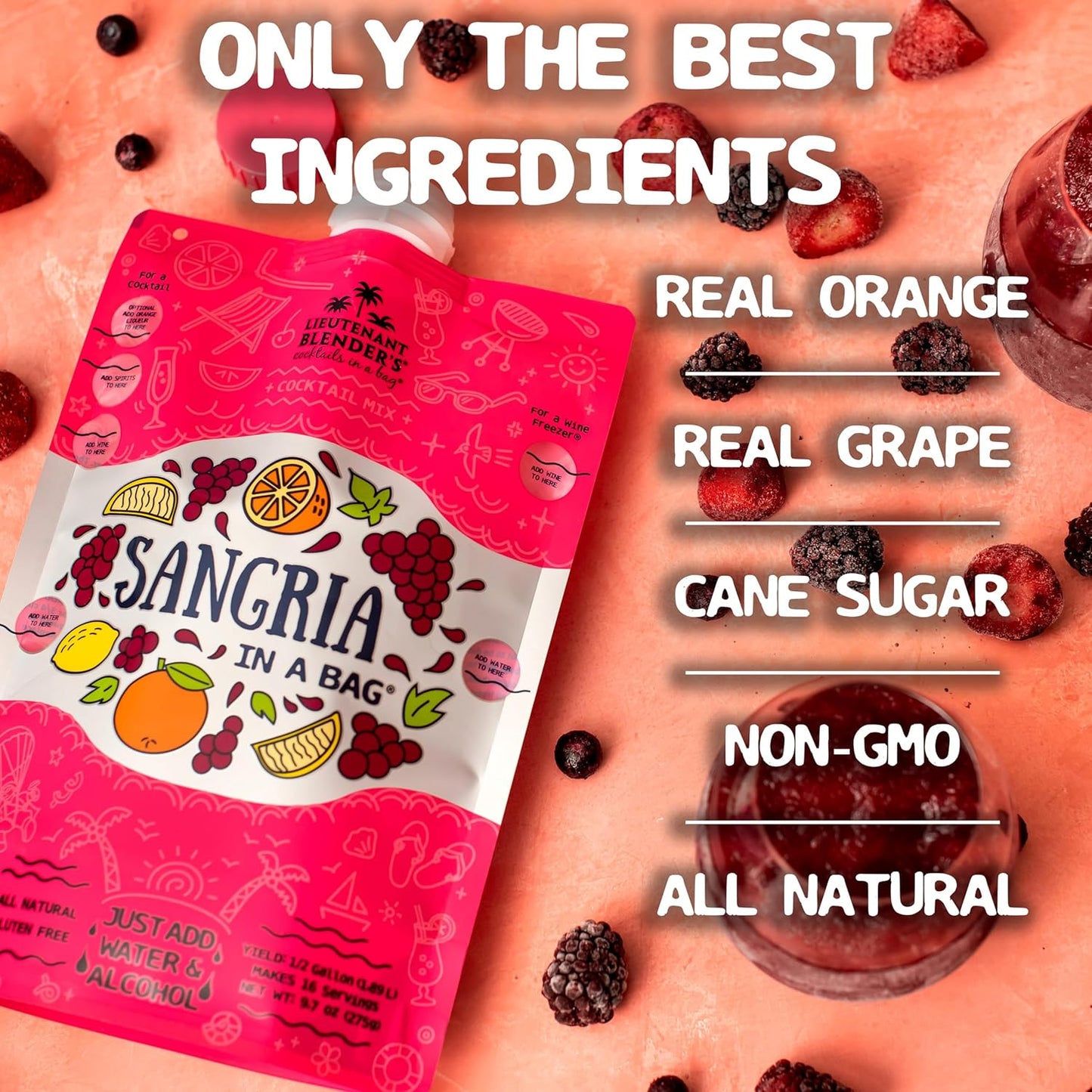 Lt. Blender's Sangria in a Bag – Wine Slushie Mixes - Each Bag Makes 1/2 Gallon of Frozen Red Sangria Mix – Non-GMO Wine Freezer Mix - Make with Wine, Liquor or as a Mocktail - (Pack of 4)