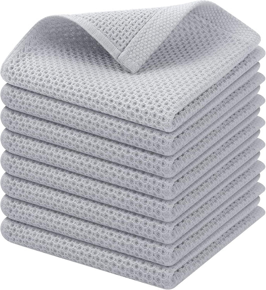 Kitinjoy 100% Cotton Kitchen Dish Cloths, 8 Pack Waffle Weave Ultra Soft Absorbent Dish Towels for Drying Dishes Quick Drying Kitchen Towels Dish Rags, 12 X 12Inch, Light Grey