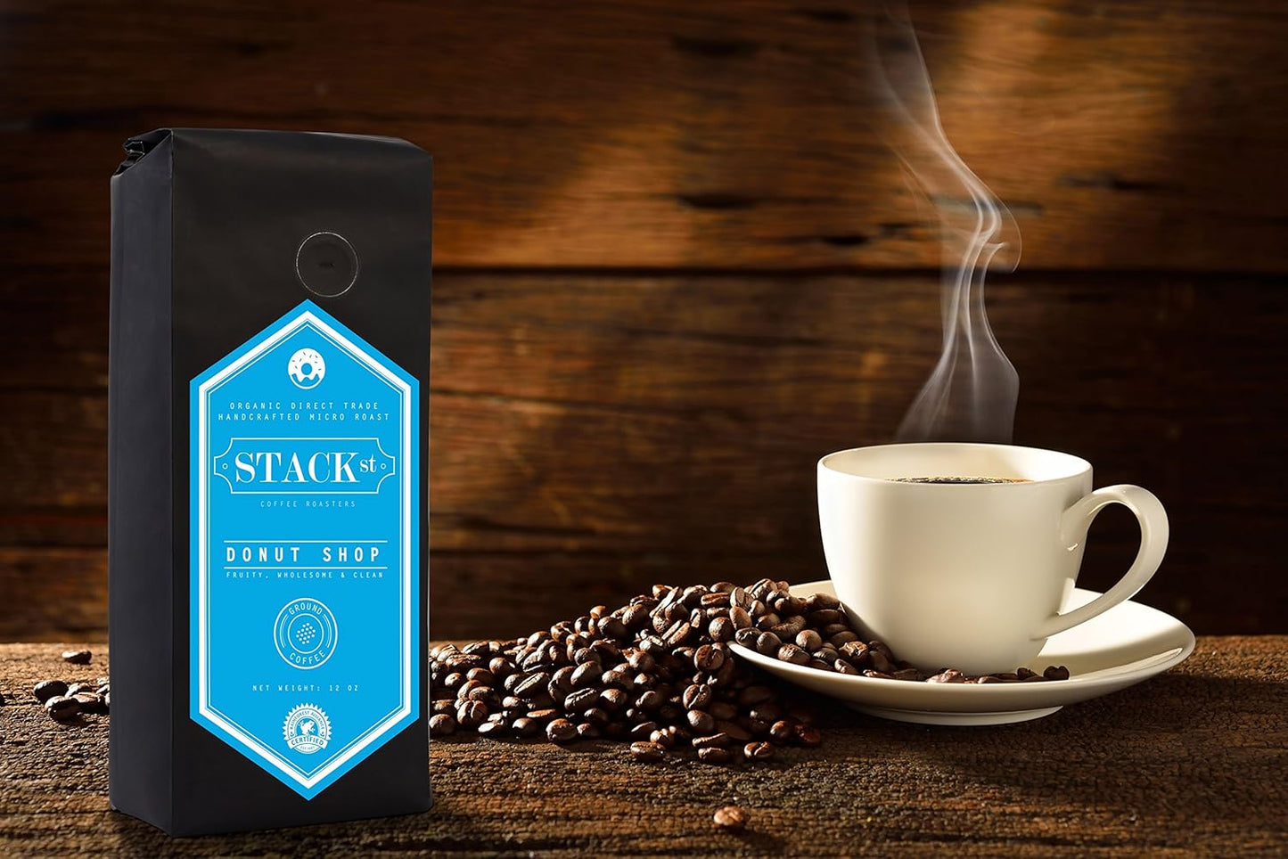 Donut Shop Ground Coffee Beans - Small Batch Medium Roast, Certified Organic - 12 oz - Handcrafted Micro Roast By Stack Street