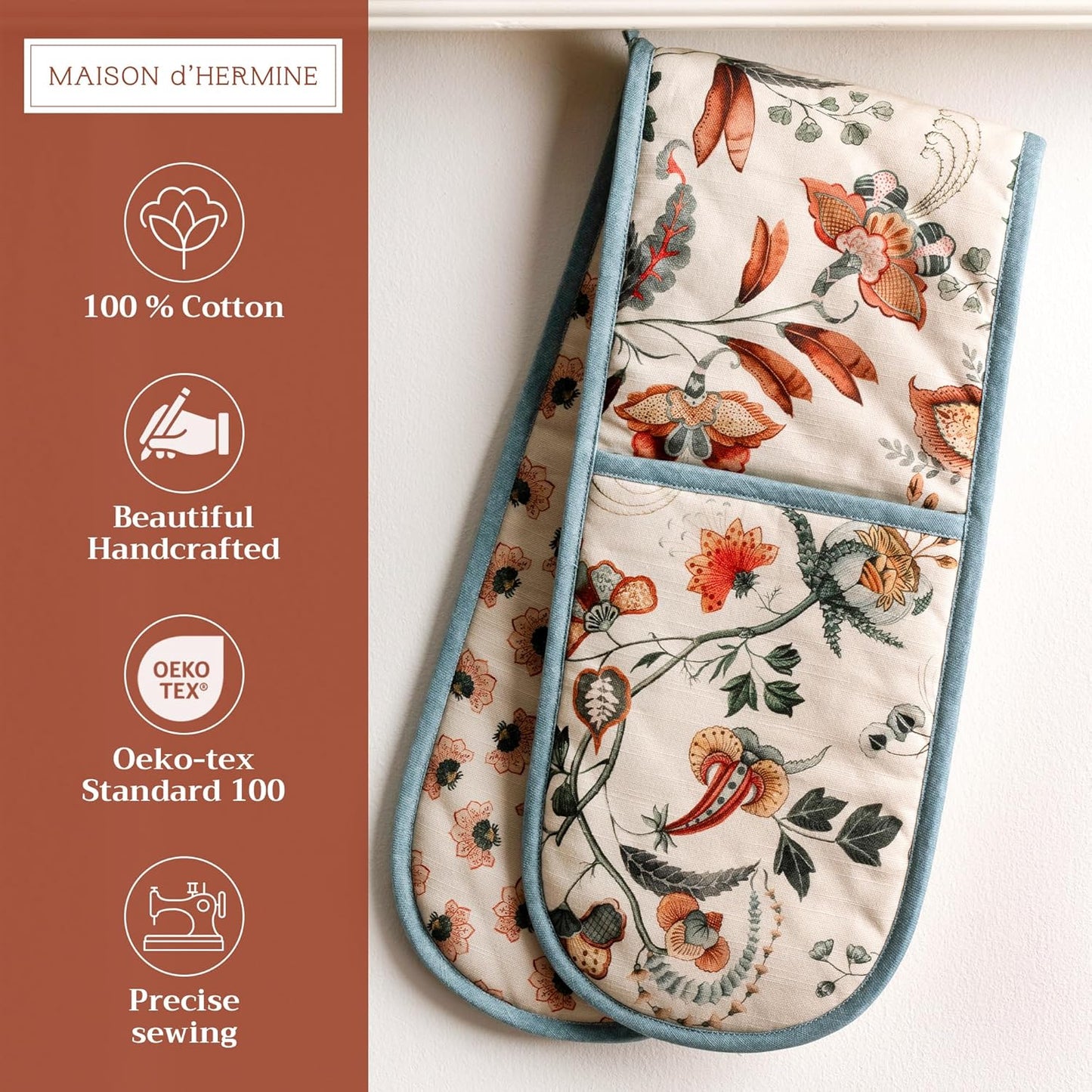 Maison d' Hermine Double Oven Mitts 100% Cotton 7"x35" Double Oven Mitt Heat Resistant BBQ Cooking Gloves with Loop, Baking, Grilling, Home, Kitchen, Handling Hot Pans (Dalida)