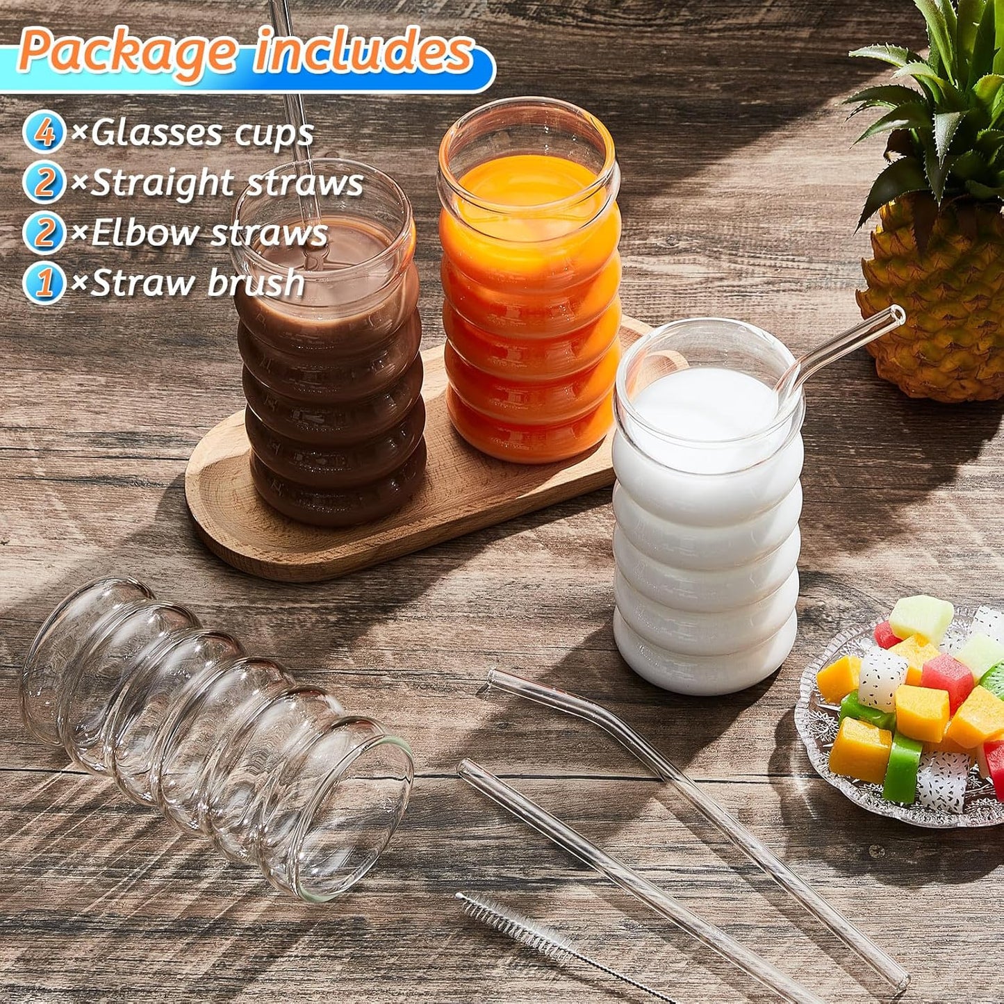 Tessco for you 4 Pcs Creative Glass Cups Vintage Drinking Glasses Ribbed Glassware Aesthetic Cup Entertainment Dinnerware Glassware with Straws Set for Kitchen Coffee Beverage(16 oz,Clear)