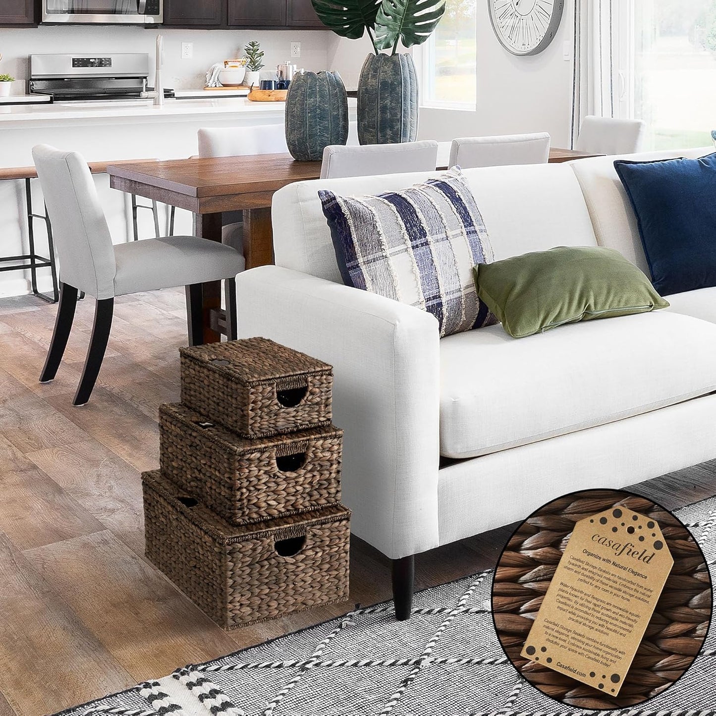 Casafield Set of 3 Water Hyacinth Rectangular Storage Baskets with Lids (Espresso - Small/Medium/Large) for Bedroom, Bathroom, Laundry, Home Office