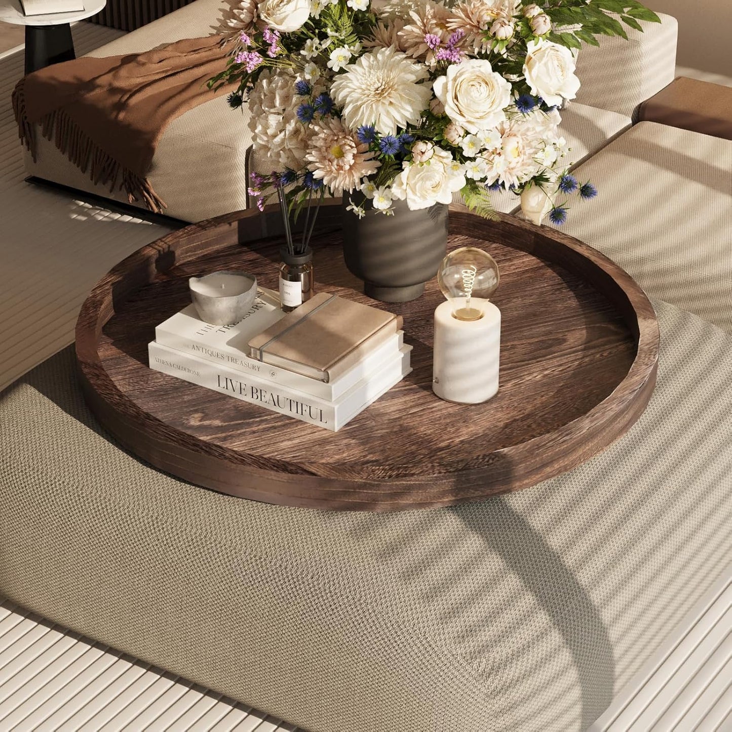 Round Ottoman Tray for Coffee Table Living Room Wood Serving Tray Large Wooden 20 Inches Rustic Brown