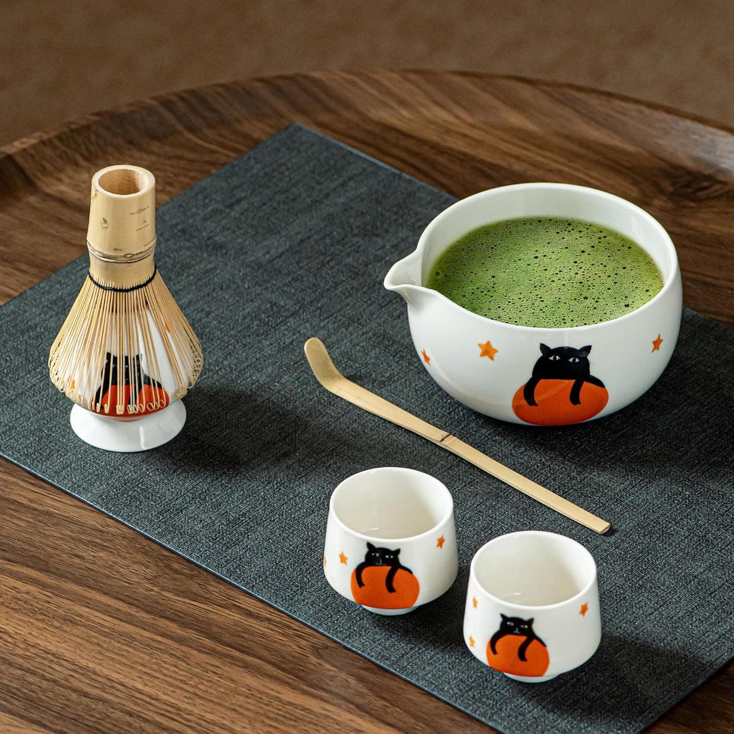 Matcha Set -Cute Cat Matcha Bowl Set with Whisk, Scoop, Whisk Holder & 2 Cups | 6 Pcs Authentic Matcha Tea Ceremony Kit | Great Gift for Tea Lovers