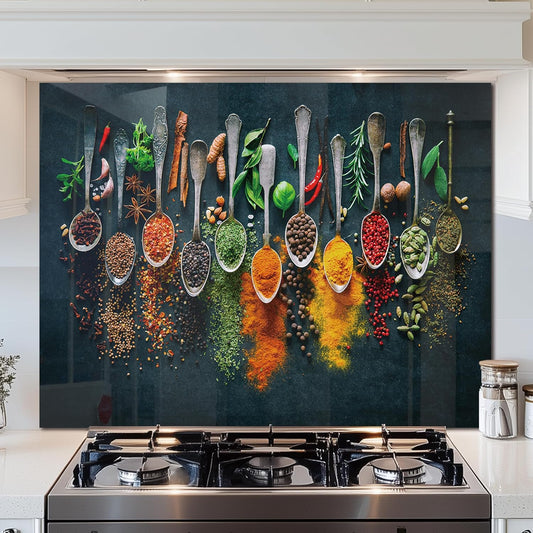 DAIFURONGE Spice Tempered Glass Backsplash For Kitchen Behind Stove,Stove Back Top Cover,Easy to Clean Glass Splashback, Sink Cover Splash Guard,Home Kitchen Wall Decor (35.43"x27.56"(90x70cm))