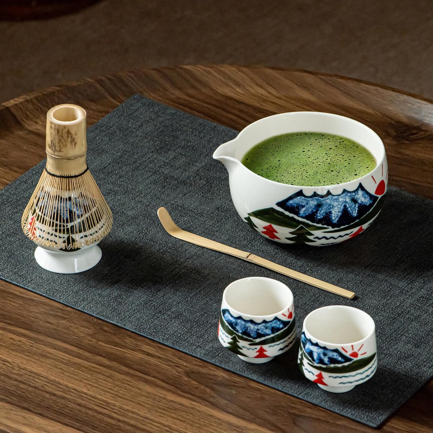 Fuji Mountain Matcha Bowl Set – 6-Pcs Hand-Painted Scenic Japanese Tea Ceremony Kit | Matcha Bowl with Spout, 2 Cups, Bamboo Whisk, Scoop & Whisk Holder | Gift for Tea Ceremony Lovers