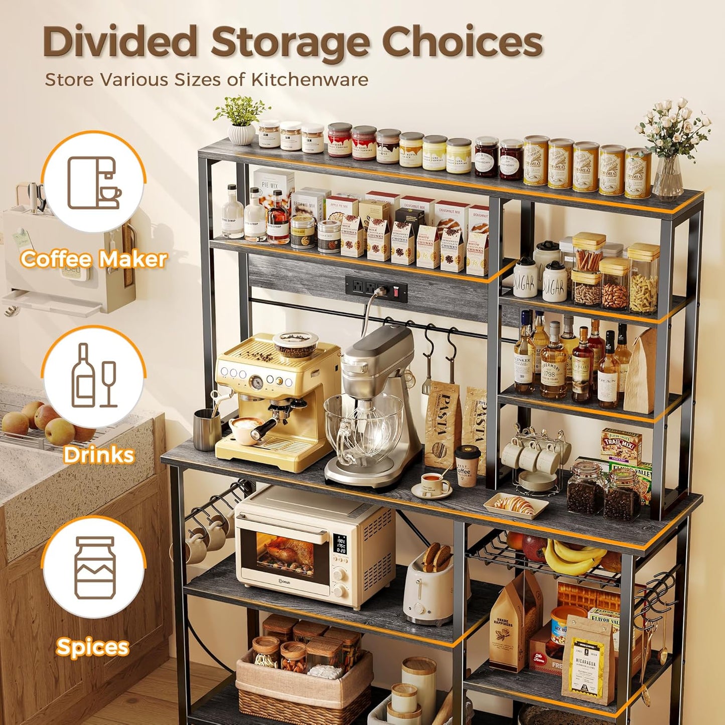 SUPERJARE Larger Bakers Rack with Power Outlets, 6-Tier Microwave Stand, Coffee Bar with 12 S-Shaped Hooks, Kitchen Shelf with Wire Basket, 47.2 x 15.5x 66.9 Inches, Grey