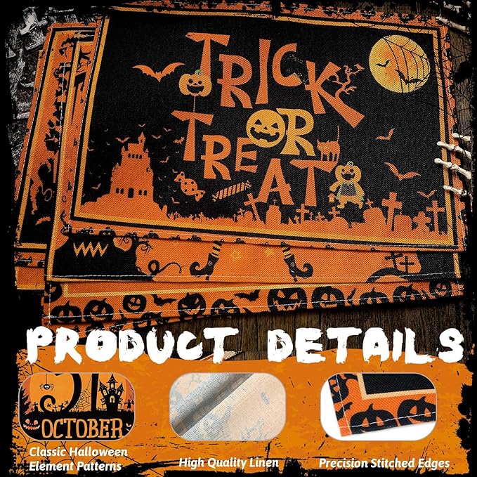Umigy 6 Pcs Halloween Placemats 12"x18" Gothic Bat Placemats Kitchen Decoration Washable Witch Place Mats Rectangle Skull Table Mats for Halloween Dining Table Accessories(Black Orange Style)