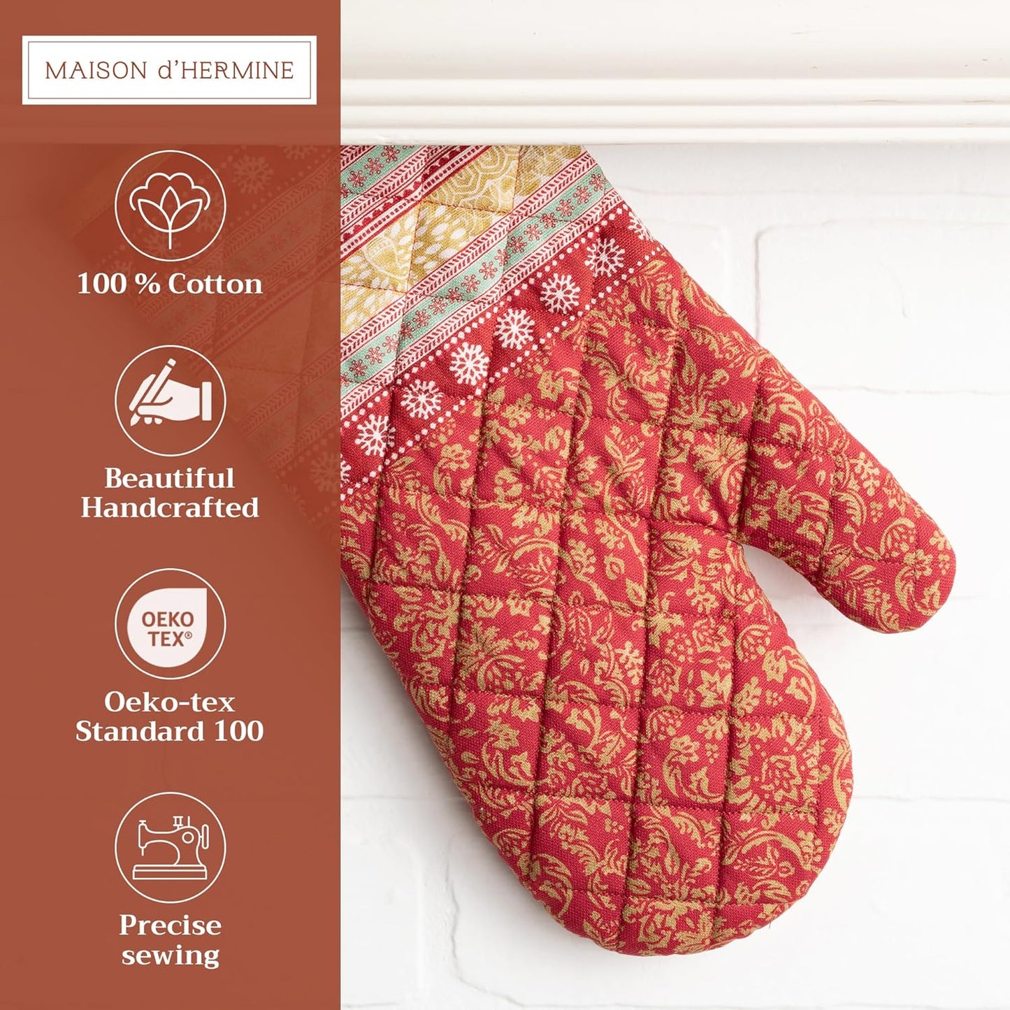 Maison d' Hermine Oven Gloves 100% Cotton Oven Mitt 7" x 13" with Loop Heat Resistant, BBQ, Cooking Gloves, Baking, Grilling, Kitchen, Handling Hot Pans (Pack of 1, Sofia)