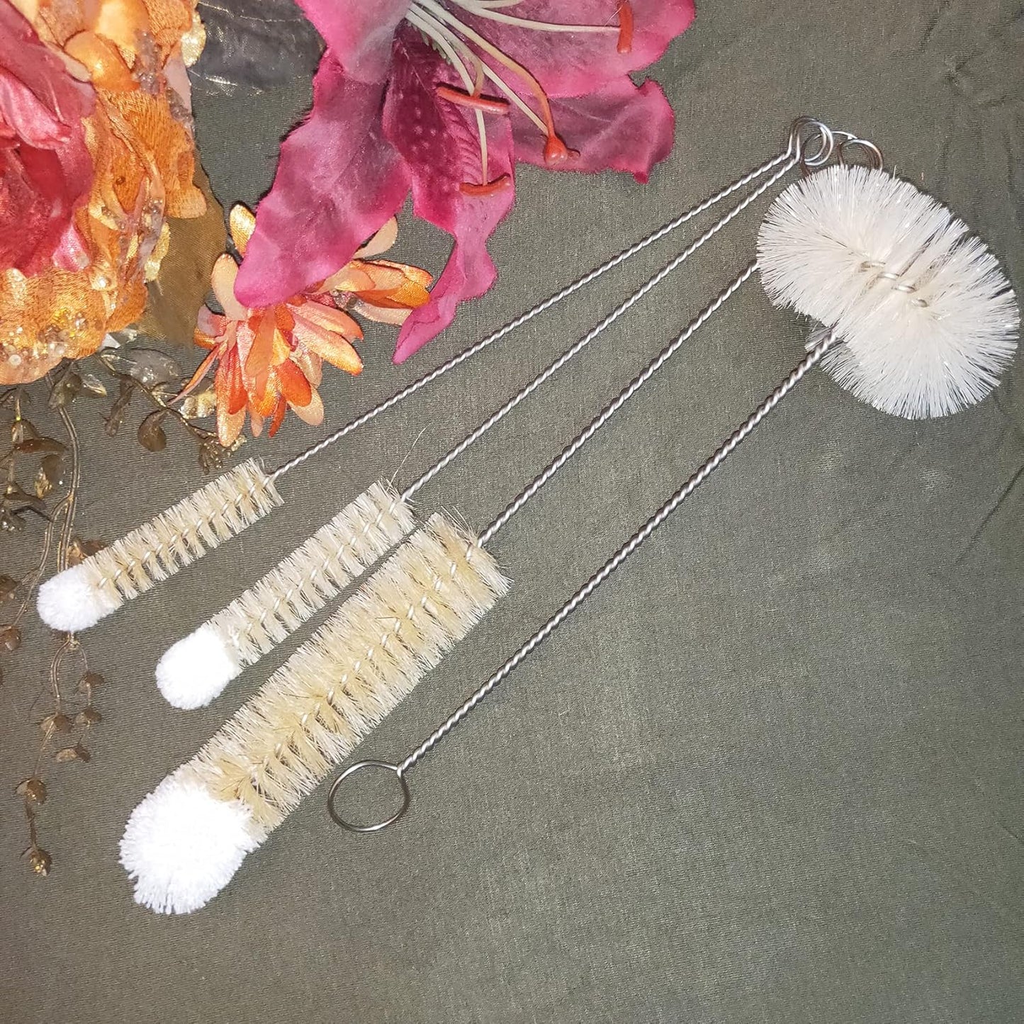 Coralpearl Bottle Brushes Thin Long Handle X 4, Skinny Wire Cleaner Set in Stainless Steel with Natural Boar Bristle at Wool Tip, Bendable Flexible for Cleaning Narrow Neck Bottles, Pipe, Tube, Hose