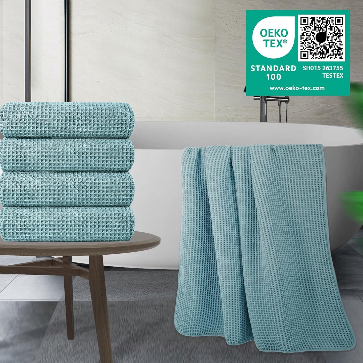 POLYTE Microfiber Oversize Quick Dry Lint Free Bath Towel, 60 x 30 in, 4 Pack (Waffle Weave)