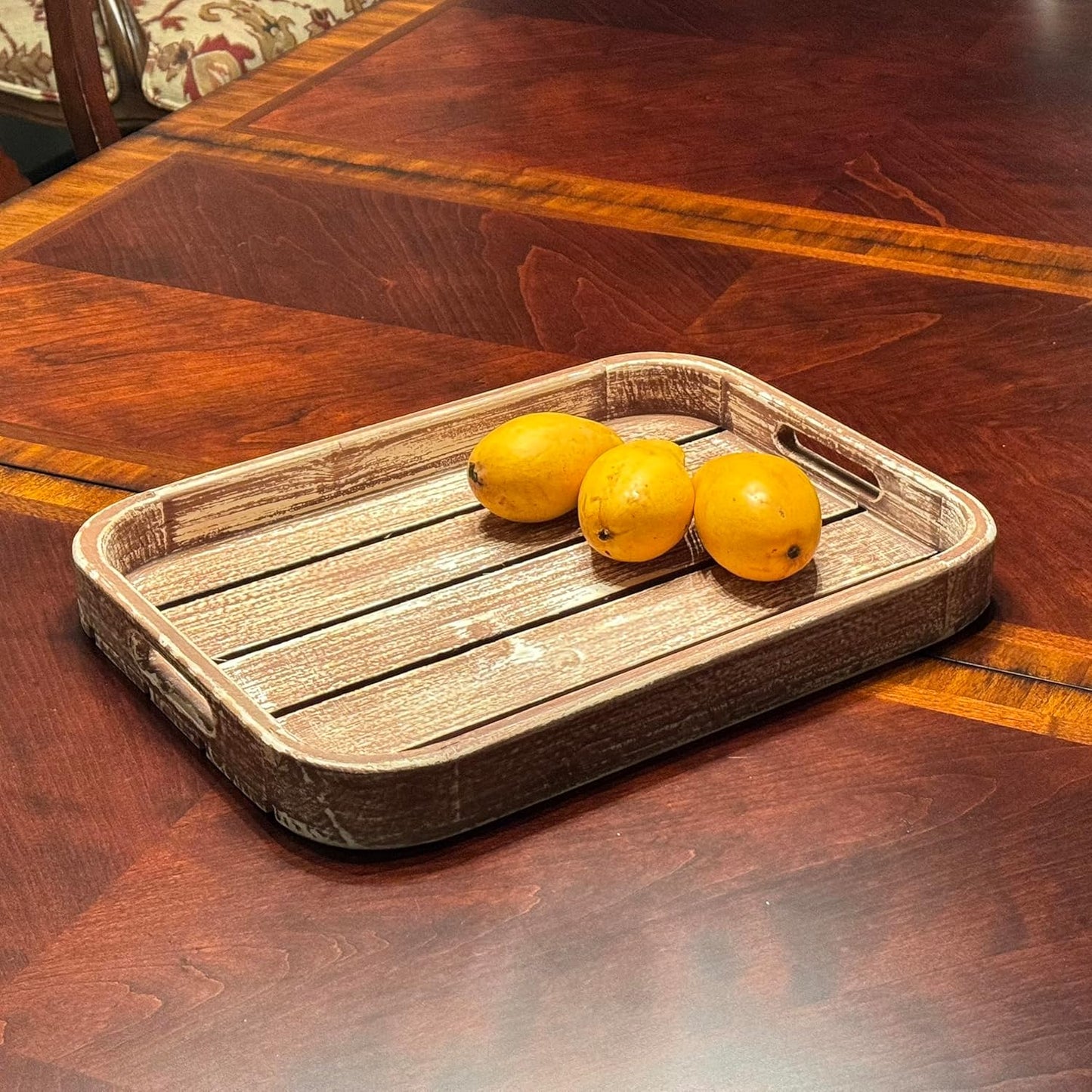 Allgala Wooden Tray 17""x13""x2"" Washed Tan Color Rounded Rectangle Stylish Rustic Farmhouse Decor Serving Platter | Wooden Ottamen Tray | Coffee Table Tray I Bed Tray, Brown