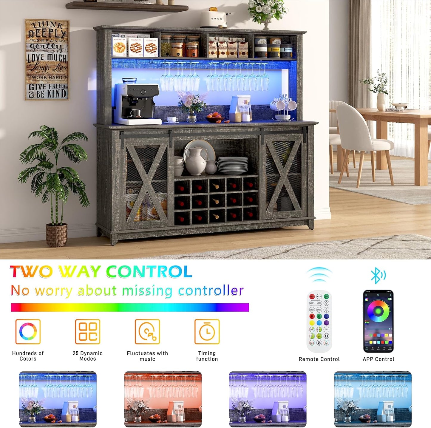 63"Wide 58"H Farmhouse Coffee Bar Cabinet with LED Light,Wine Bar Cabinet w 4 Storage Hutch,Kitchen Buffet Cabinet wSliding Barn Door & 15 Wine and Glass Racks for Kitchen Dining Room(Dark Rustic Oak)