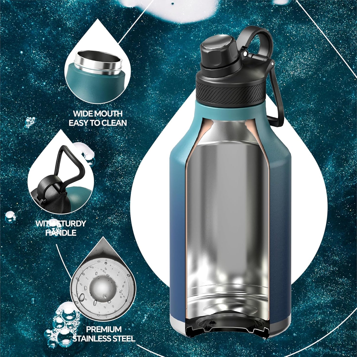 IDEUS Insulated Stainless Steel Water Bottle with 2 Leak-Proof Lids, Thermal Water Flask for Hiking Biking, 64oz, Green