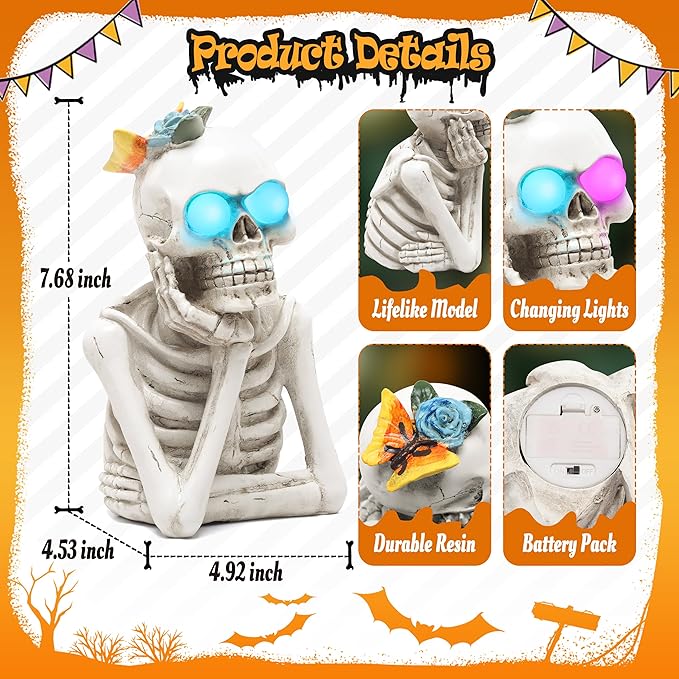 Halloween Skeleton Light Statue, Scary Resin Skull Figurines with Light Up Eyes Decorations for Home Table Kitchen Party Battery Operated Skull Lighting Changes Decor