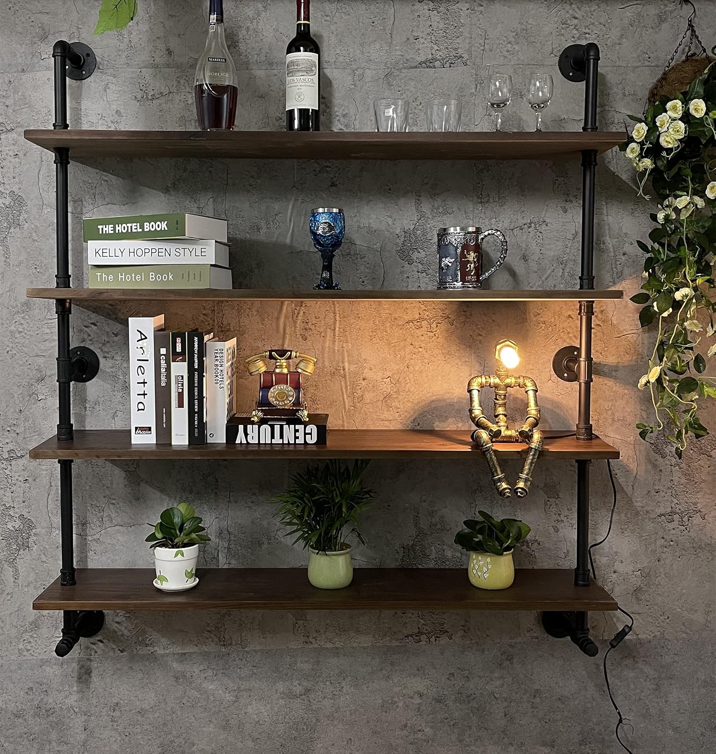 Industrial Pipe Wall Shelves Pipe Shelving with Real Wood Plank,48 Inches Floating Shelves for Wall Farmhouse Pipe Book Shelves Dark Brown 4 Tier for Kitchen,Living Room Decor and Bar Shelving
