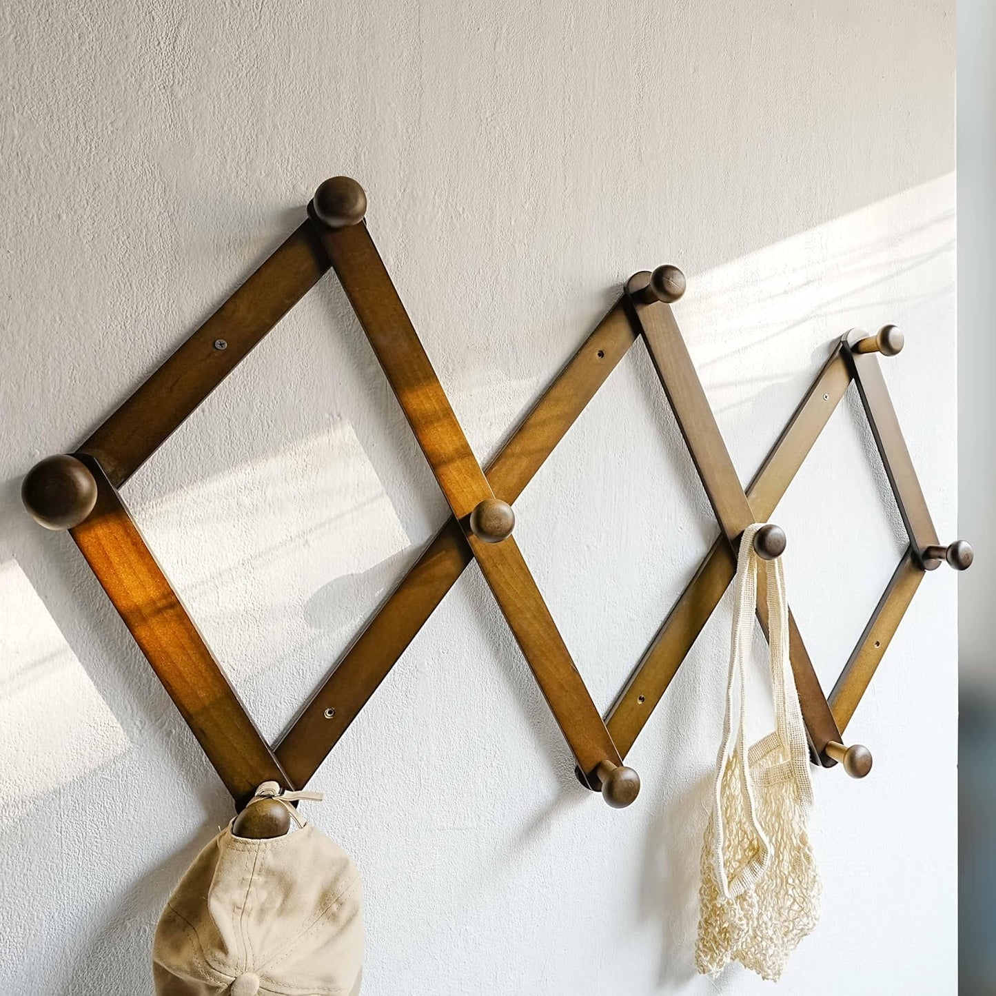 Dseap Expandable Coat Rack (Larger Version) - 24” High, Anti-Slip, Ultra Heavy Duty Wooden Accordian Wall Hanger with 10 Study Peg Hooks for Clothing Hats Jackets Bags, Dark Walnut