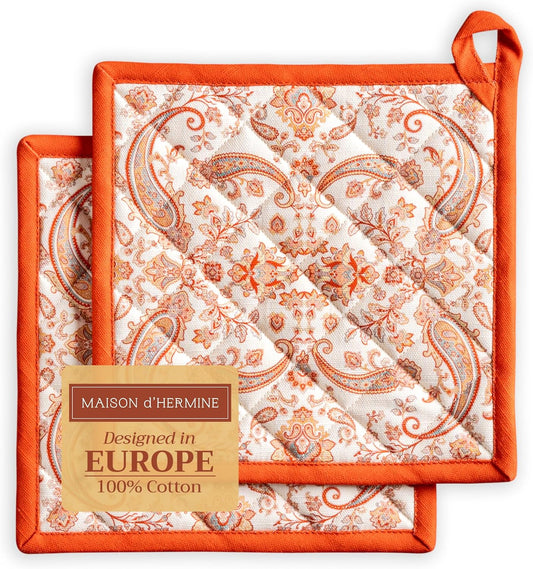 Maison d' Hermine Pot Holders Set 100% Cotton Heat Resistant Potholders 8" x 8" Hot Pads with Loop BBQ, Cooking, Baking, Grilling, Kitchen, Handling Hot Pans (Pack of 2, Cachemire)