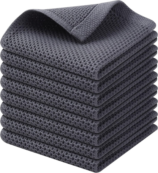 Kitinjoy 100% Cotton Kitchen Dish Cloths, 8 Pack Waffle Weave Ultra Soft Absorbent Dish Towels for Drying Dishes Quick Drying Kitchen Towels Dish Rags, 12 X 12Inch, Dark Grey