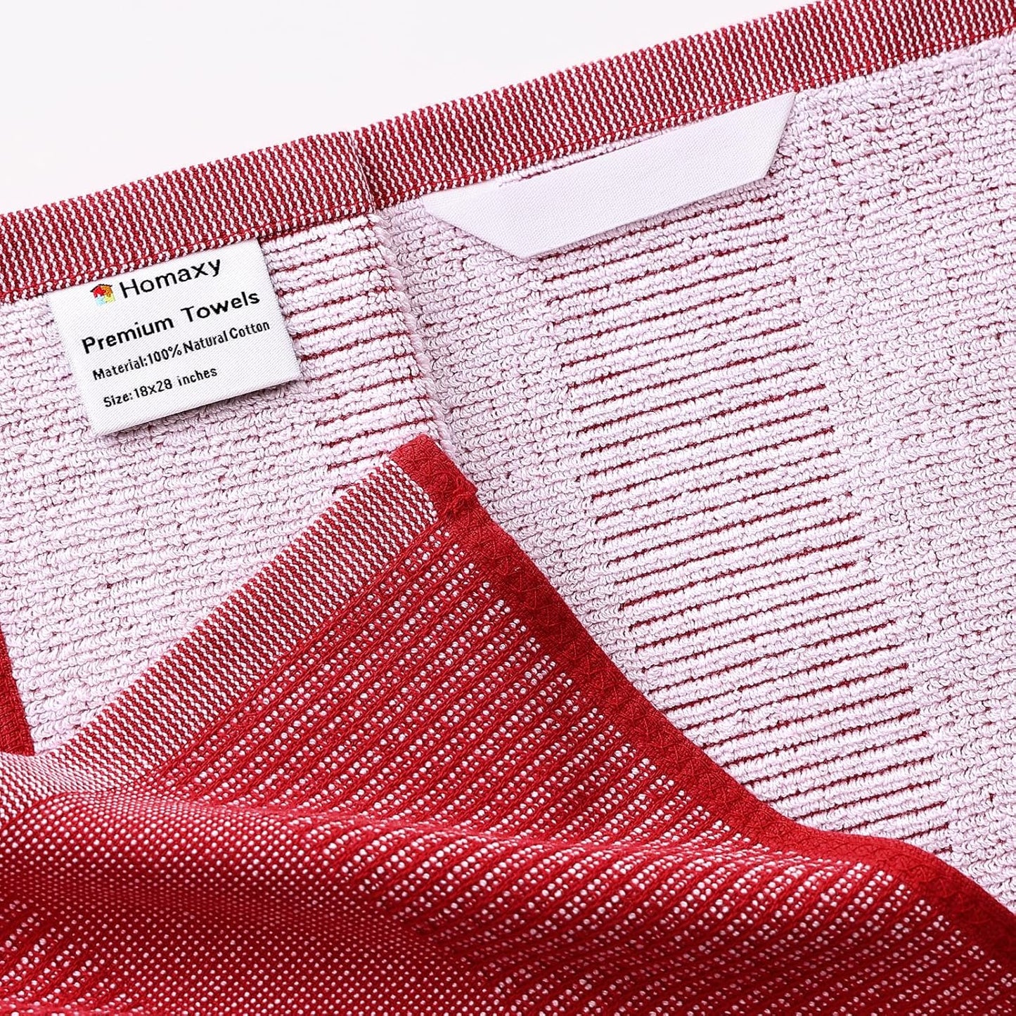 Homaxy Premium Kitchen Towels(18”x 28”, 12 Pack), Large Cotton Kitchen Hand Towels, Flat and Terry Dish Towels, 380 GSM Highly Absorbent Tea Towel Set with Hanging Loop, Red