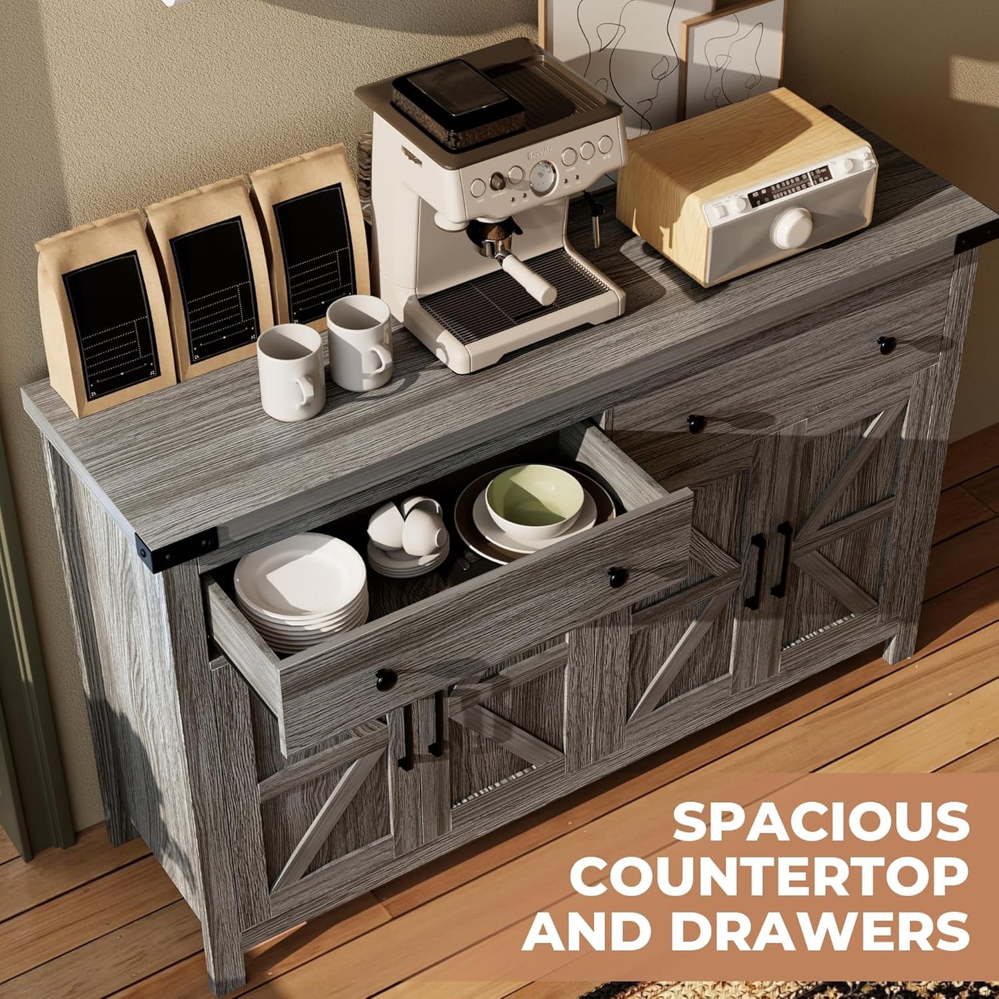 55" Sideboard Buffet Cabinet with Storage, Coffee Bar Cabinet with 2 Drawers and 4 Barn Doors, Long Storage Cabinet Modern Farmhouse, Grey Wood, for Kitchen, Dining Room, Living Room
