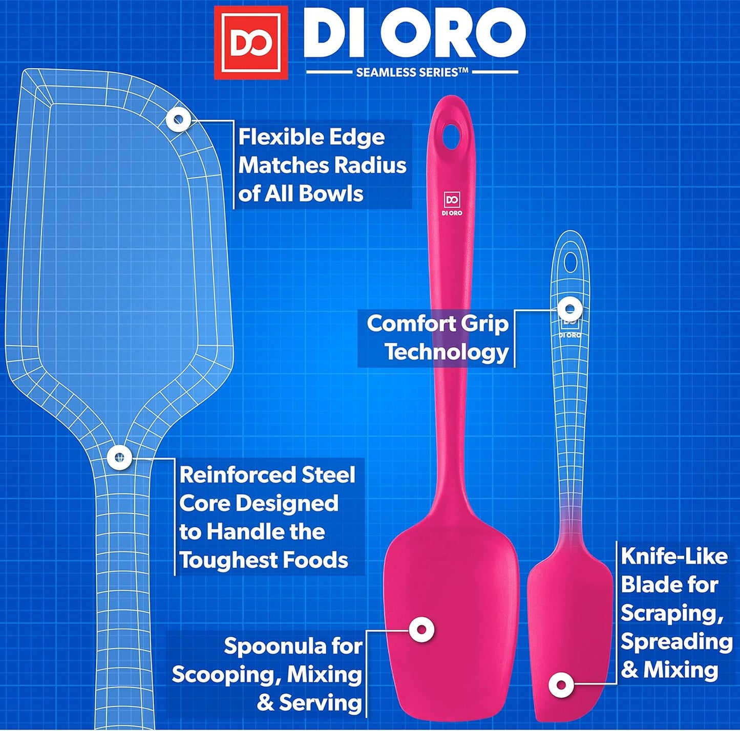 DI ORO Silicone Spatula Set - Rubber Kitchen Spatulas for Baking, Cooking, & Mixing - 600°F Heat-Resistant & BPA Free Silicone Scraper Spatulas for Nonstick Cookware - Dishwasher Safe (3pc, Magenta)
