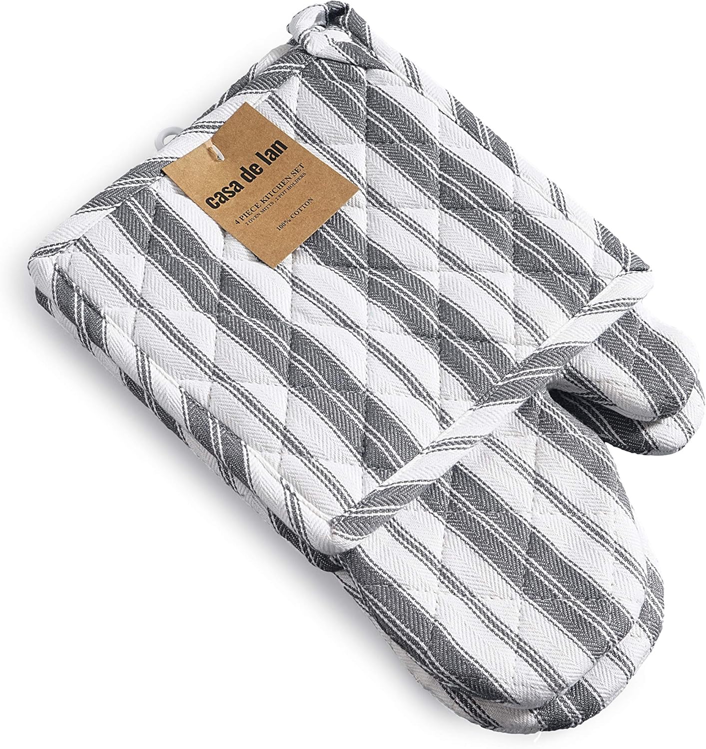 Oven Mitts & Potholder Set - Durable Heat Resistant Gloves - Thick Mittens for Kitchen - Suitable for Cooking, Baking, Grilling – BBQ - 2 Oven Mitts & 2 Potholders – Dark Grey Stripes - Casa De Lan