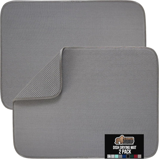 GORILLA GRIP Ultra Water Absorbent Microfiber Dish Drying Mat, 18x24, Quick Dry Thick Mesh, Slip Resistant Pad for Sink Dishes or Under Rack, Kitchen Counter Accessories, Machine Wash, 2 Pack Gray