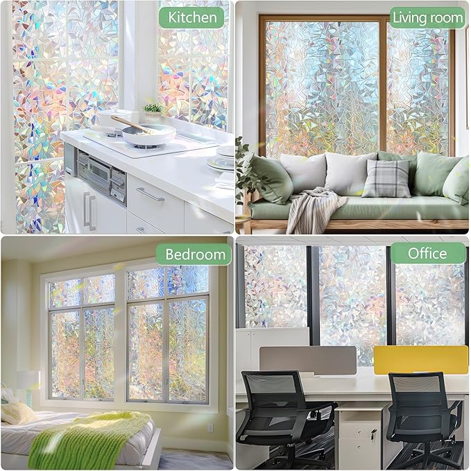 HIDBEA Window Privacy Film Static Clings, Rainbow Window Film, 3D Decals Non-Adhesive Window Vinyl Film for Home Door, 17.3 Inch x 13.1 Feet