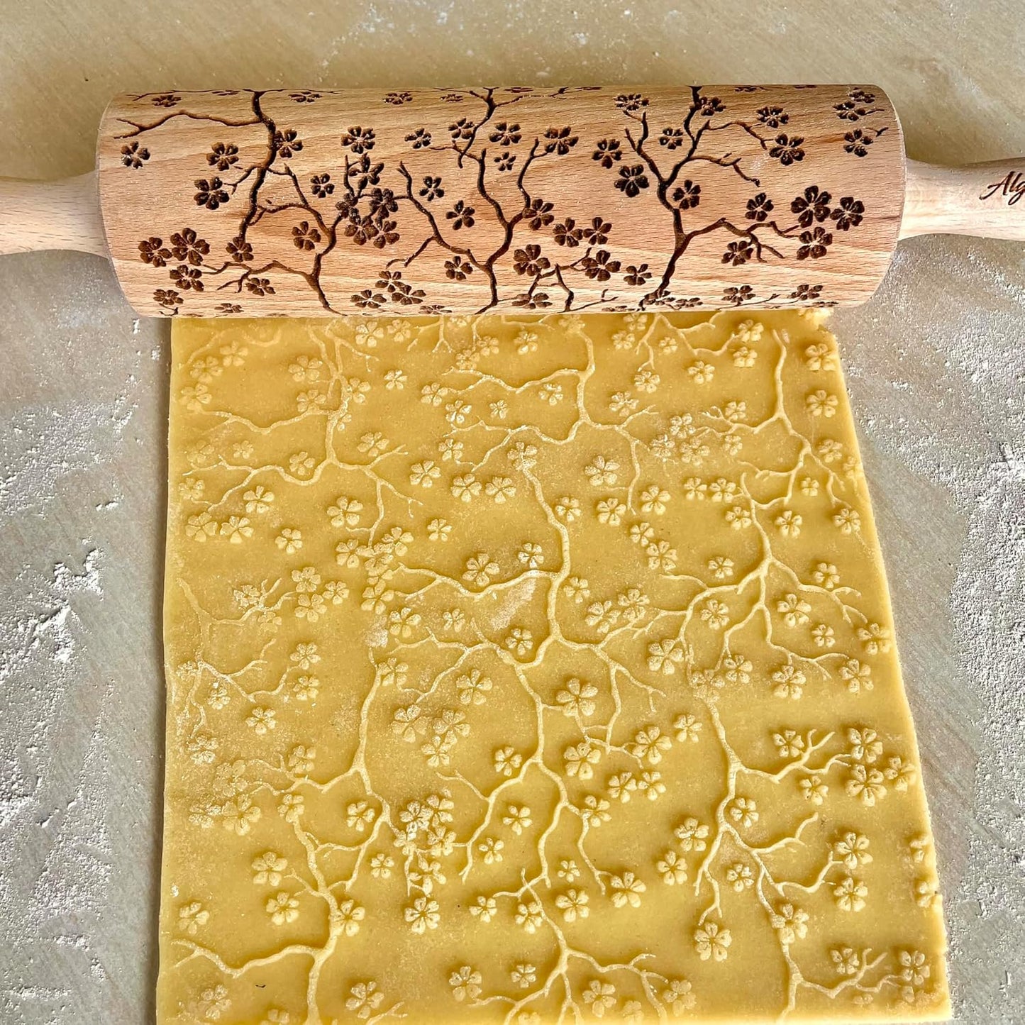 SAKURA TREE Embossing Rolling Pin with Blooming Sakura Flowers Pattern. Dough and Clay Roller for Embossed Cookies Fondant Pottery. Cookie and Ceramic Stamp. Backing Gifts for Women by Algis Crafts