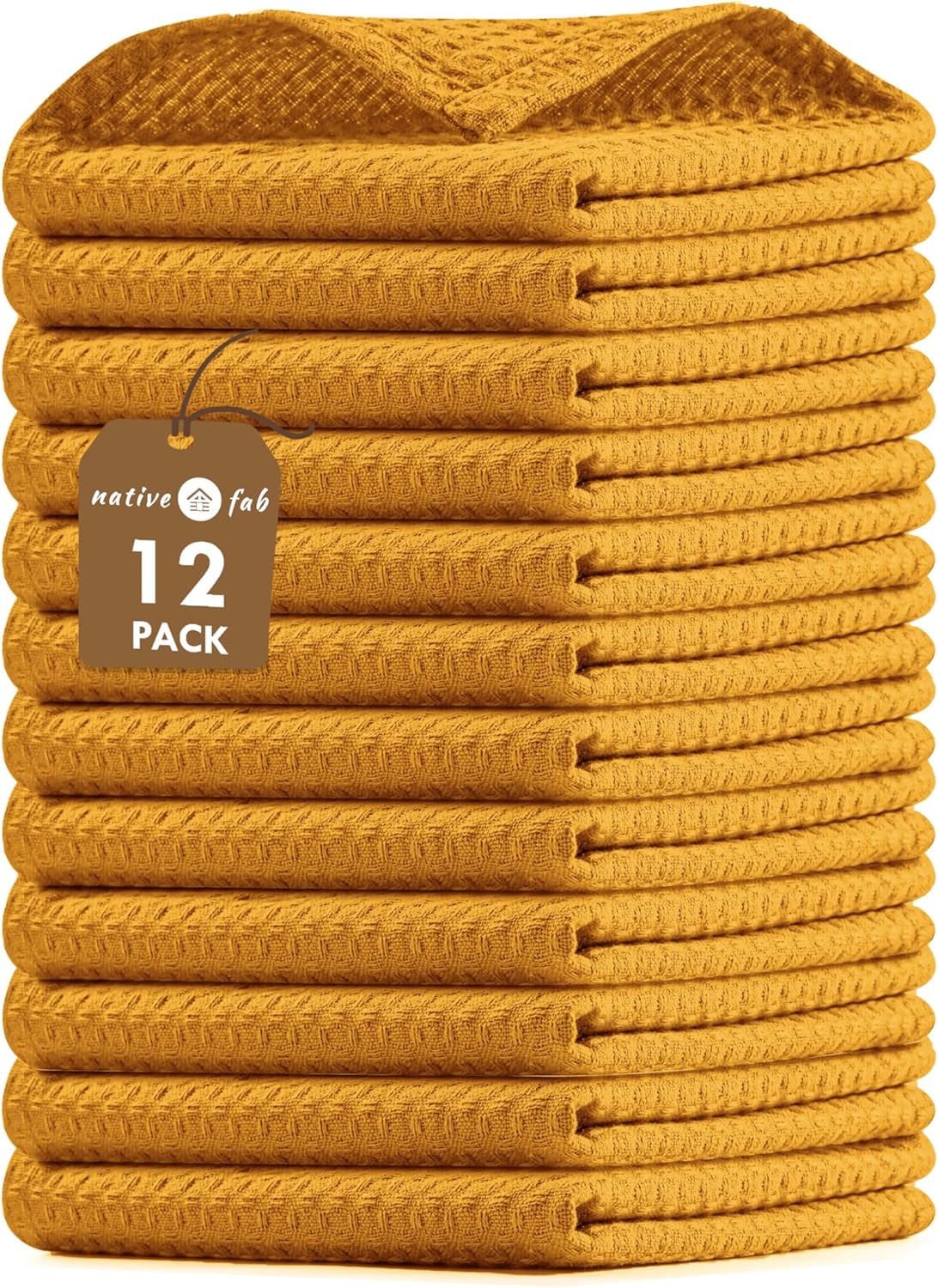 Native Fab Waffle 12 Pack Dish Cloths - 100% Cotton, Absorbent, Quick Drying, Washable Towels for Cleaning, Cooking - Great for Home, Restaurants, Bars, Multi Purpose Use - 12"x12" - Mustard Yellow