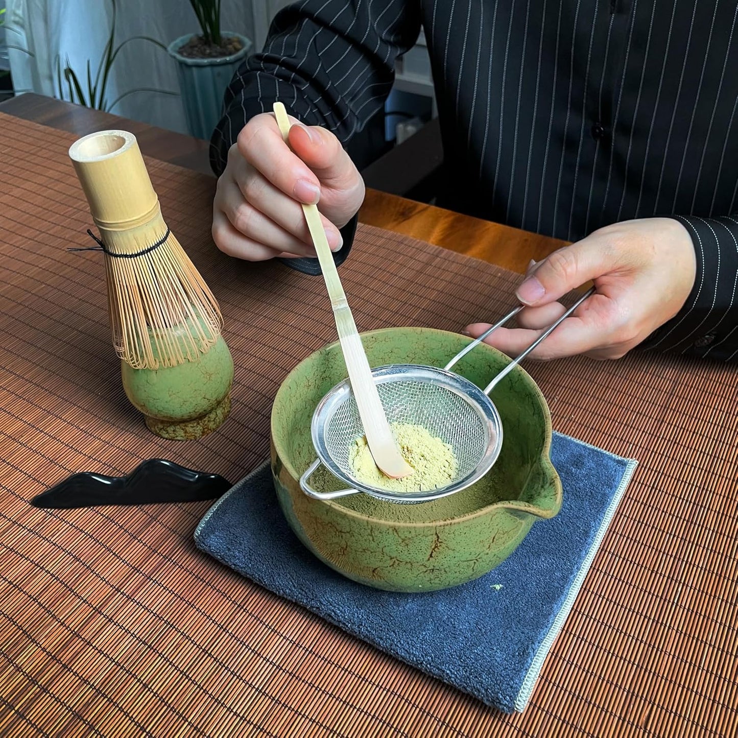 Matcha Whisk Set (7pcs) - Matcha Set with Whisk,Pouring Spout Bowl,Chasen Holder,Powder Sifter,Bamboo Scoop with Stand,Tea Cloth,Perfect Tools Kit for Tea Ceremony (Matcha Green)
