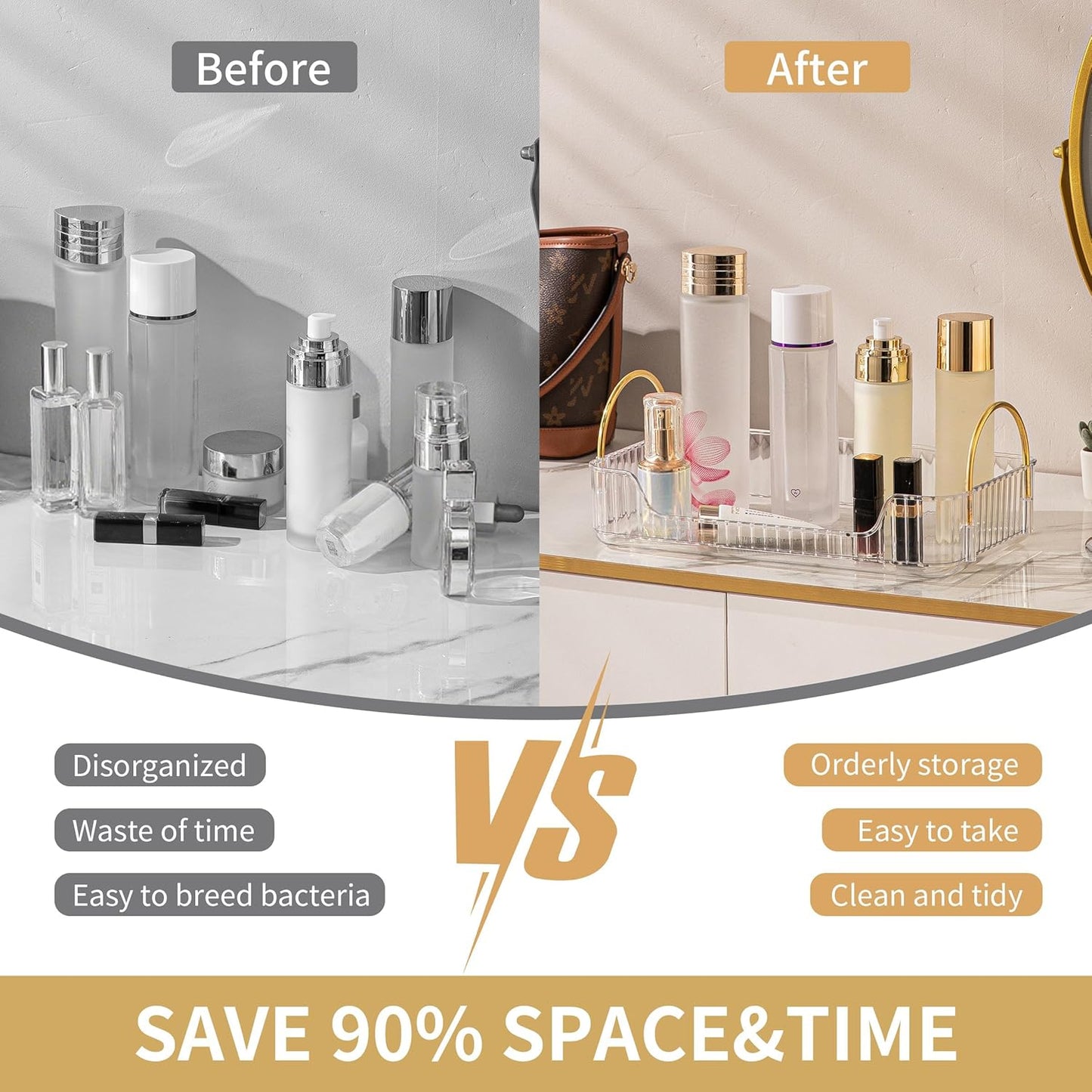 YCIA&DONE Bathroom Organizer Countertop, Makeup Storage, Skincare Cosmetic Tray Shelf, Perfume Holder Rack for Vanity Counter, Large Capacity, Easy to Install, Clean, 1 Tier, Clear White